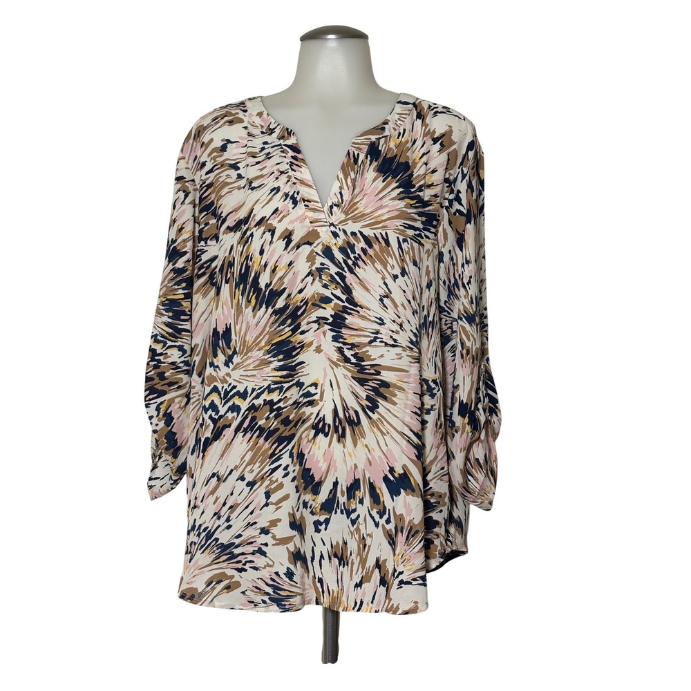 Maurices V-Neck Blouse Women XL Multicolor Abstract Roll-Tab Sleeve NWT